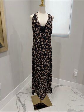Vici Black Maxi Dress with Beige Floral Accents and Rosette